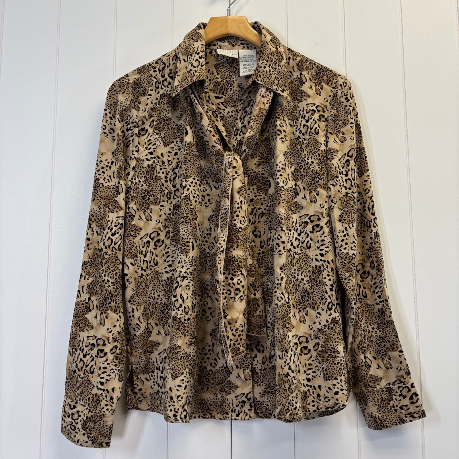 Vintage White Stag Womens Mob Wife Leopard Print Tie Neck Blouse Size L